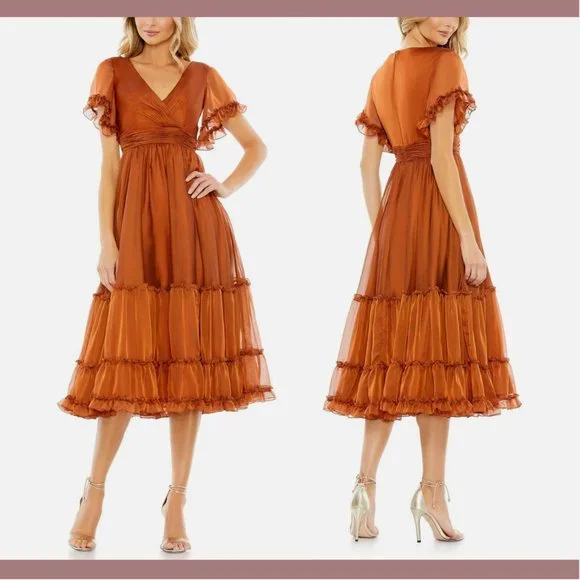 NWT Mac Duggal [ 12 ] Sheer Flutter Sleeve Tea Length Ruffle Dress‎ Rust Orange - Picture 2 of 15